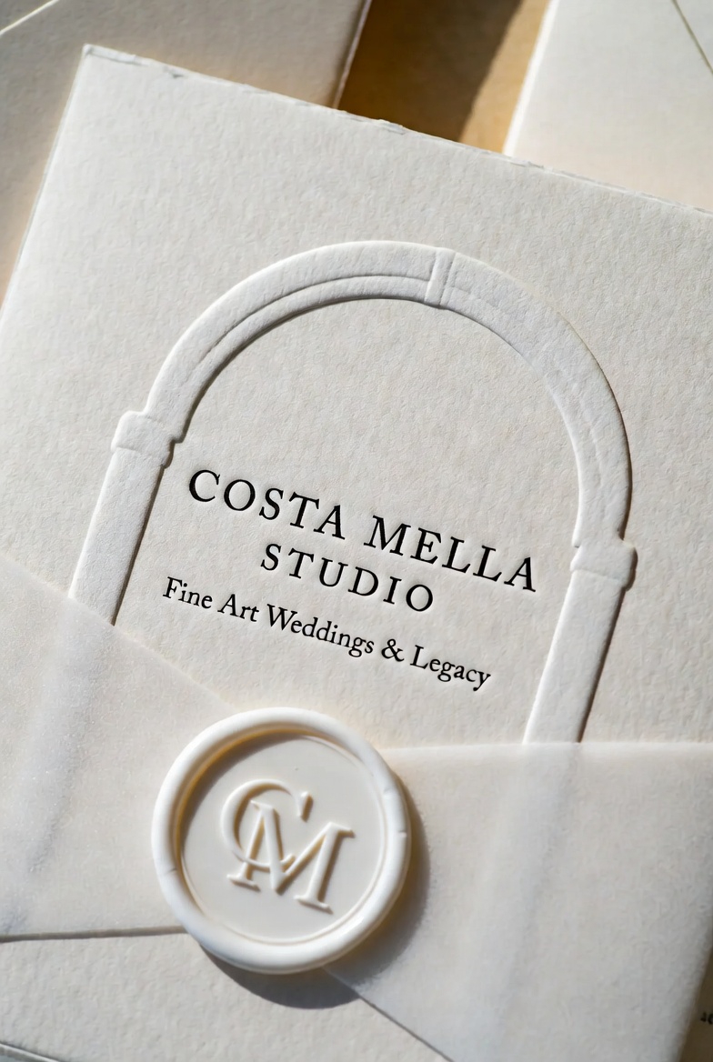 Costa Mella Studio letterpress with embossed CM wax seal.